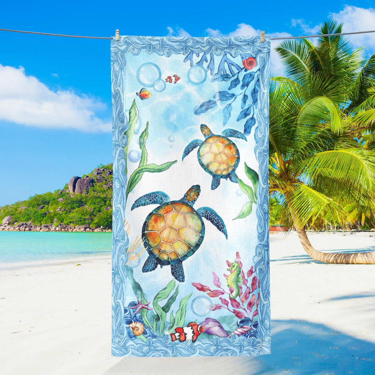 Aonana Sea Turtle Print Quick-Dry Beach Towel