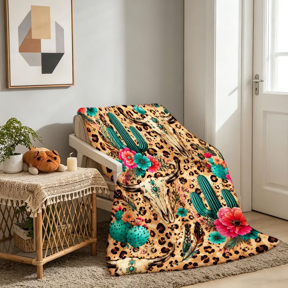 Aonana Western Boho Cow Skull Cactus Flannel Throw Blanket