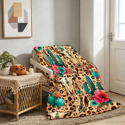Aonana Western Boho Cow Skull Cactus Flannel Throw Blanket