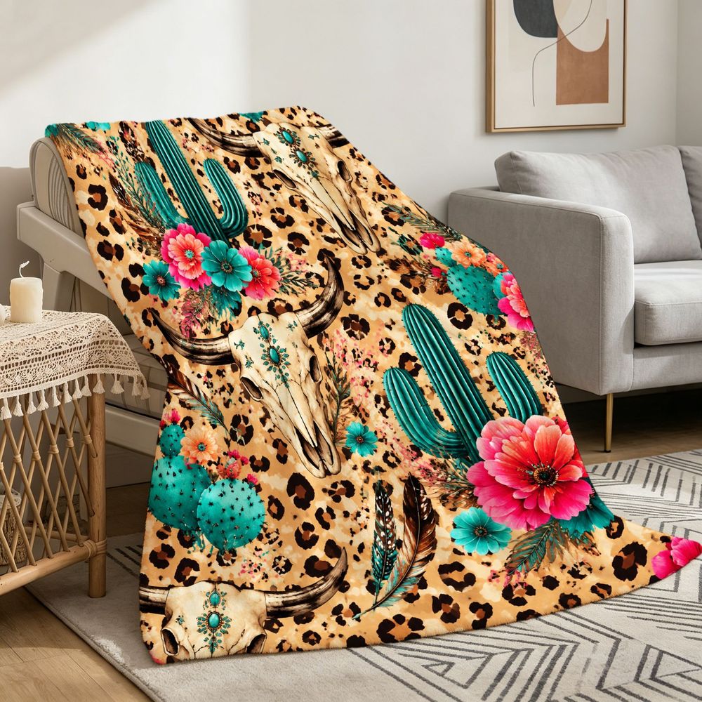 Aonana Western Boho Cow Skull Cactus Flannel Throw Blanket