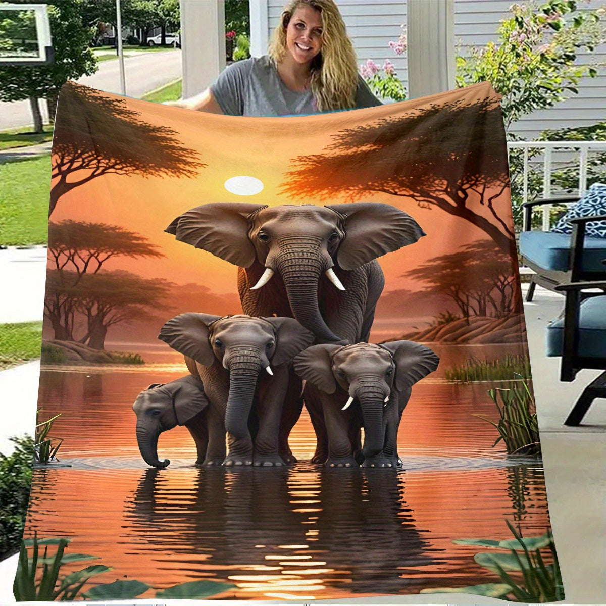 Aonana Elephant Sunset Trees Flannel Throw Blanket