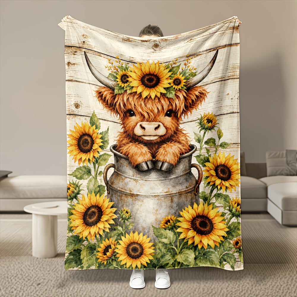 Aonana Cute Highland Cow with Purple Bow Flannel Blanket
