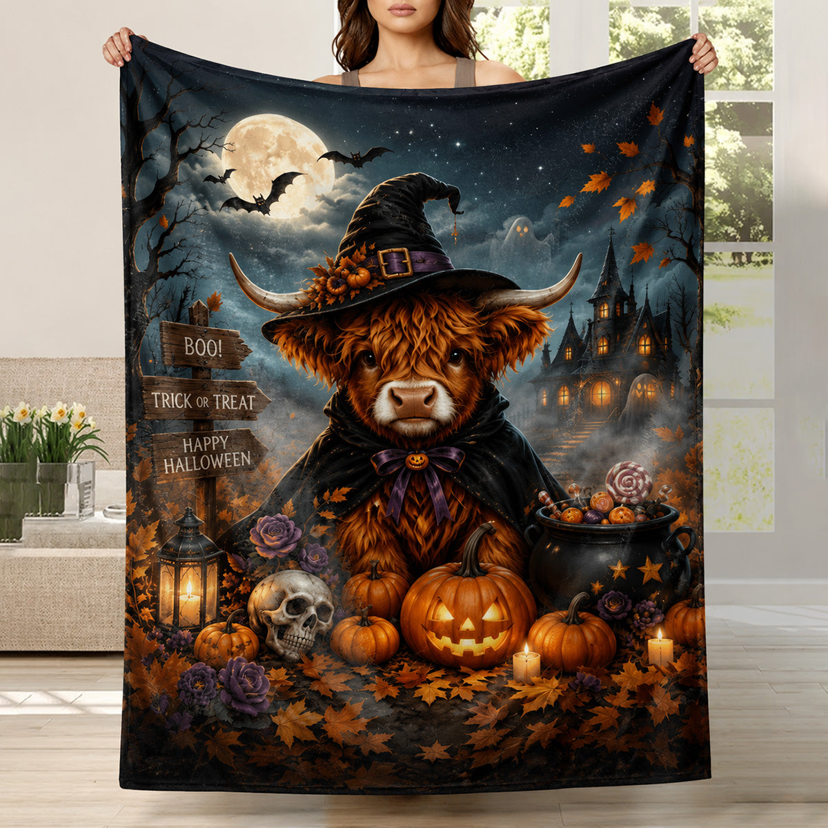 Aonana Cute Highland Cow with Purple Bow Flannel Blanket