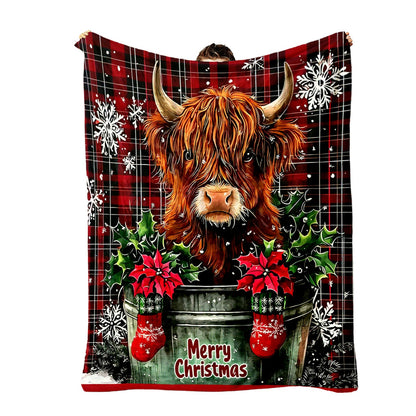 🐂【Highland Cow Series】Cute Bowknot Highland Cow Print Flannel Blanket Soft Warm Multi-purpose Gift Blanket For All Seasons