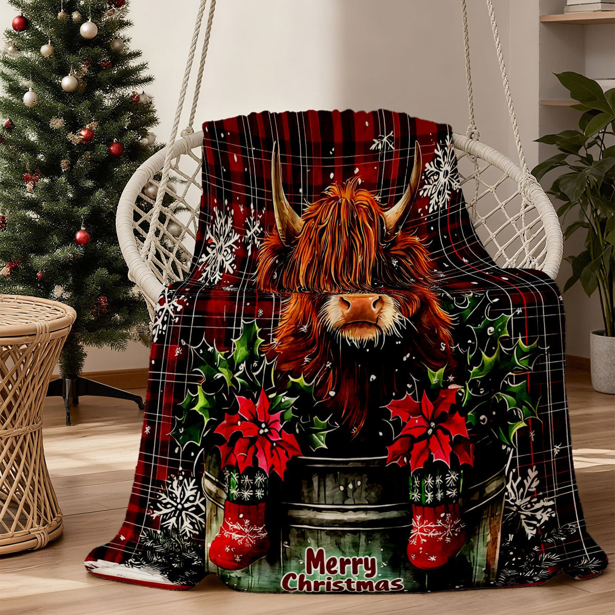 🐂【Highland Cow Series】Cute Bowknot Highland Cow Print Flannel Blanket Soft Warm Multi-purpose Gift Blanket For All Seasons