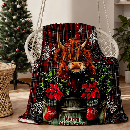 🐂【Highland Cow Series】Cute Bowknot Highland Cow Print Flannel Blanket Soft Warm Multi-purpose Gift Blanket For All Seasons