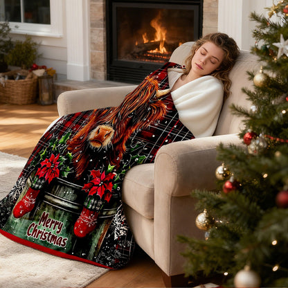 Aonana Cute Highland Cow with Purple Bow Flannel Blanket