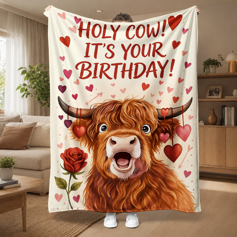 🐂【Highland Cow Series】Cute Bowknot Highland Cow Print Flannel Blanket Soft Warm Multi-purpose Gift Blanket For All Seasons