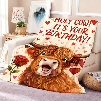 🐂【Highland Cow Series】Cute Bowknot Highland Cow Print Flannel Blanket Soft Warm Multi-purpose Gift Blanket For All Seasons