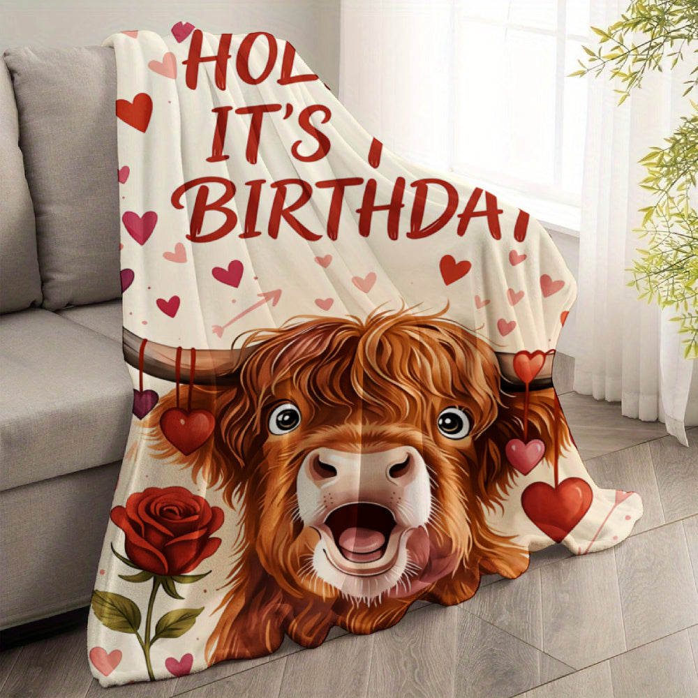 🐂【Highland Cow Series】Cute Bowknot Highland Cow Print Flannel Blanket Soft Warm Multi-purpose Gift Blanket For All Seasons