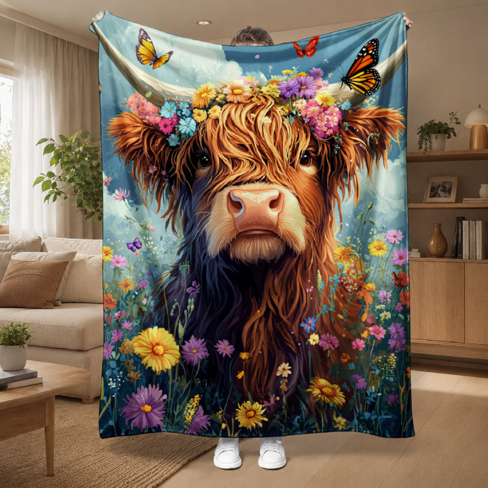 🐂【Highland Cow Series】Cute Bowknot Highland Cow Print Flannel Blanket Soft Warm Multi-purpose Gift Blanket For All Seasons