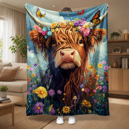 🐂【Highland Cow Series】Cute Bowknot Highland Cow Print Flannel Blanket Soft Warm Multi-purpose Gift Blanket For All Seasons