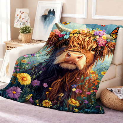 🐂【Highland Cow Series】Cute Bowknot Highland Cow Print Flannel Blanket Soft Warm Multi-purpose Gift Blanket For All Seasons