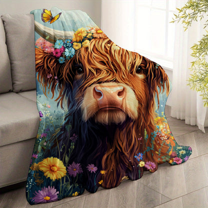 🐂【Highland Cow Series】Cute Bowknot Highland Cow Print Flannel Blanket Soft Warm Multi-purpose Gift Blanket For All Seasons