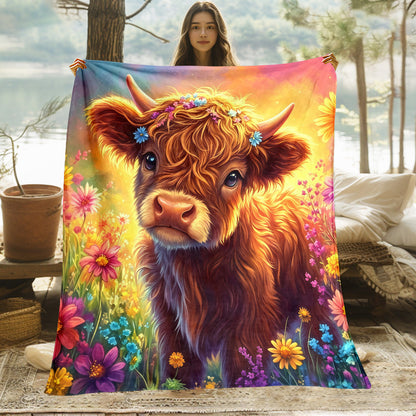 🐂【Highland Cow Series】Cute Bowknot Highland Cow Print Flannel Blanket Soft Warm Multi-purpose Gift Blanket For All Seasons