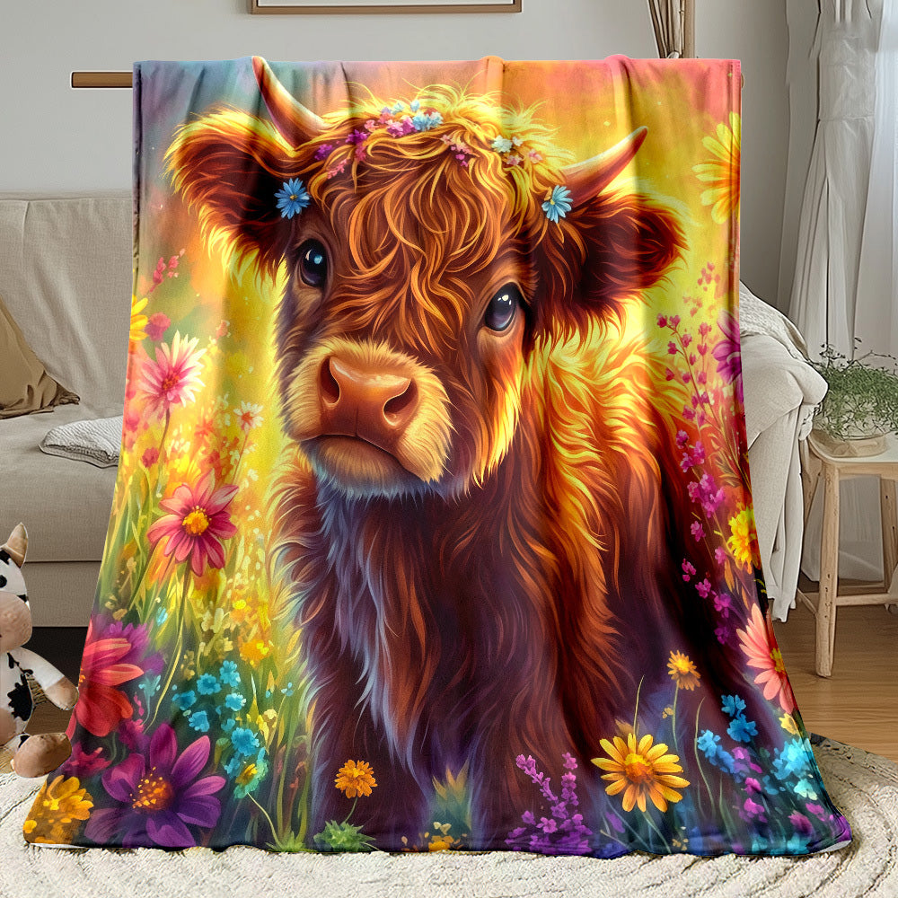 🐂【Highland Cow Series】Cute Bowknot Highland Cow Print Flannel Blanket Soft Warm Multi-purpose Gift Blanket For All Seasons