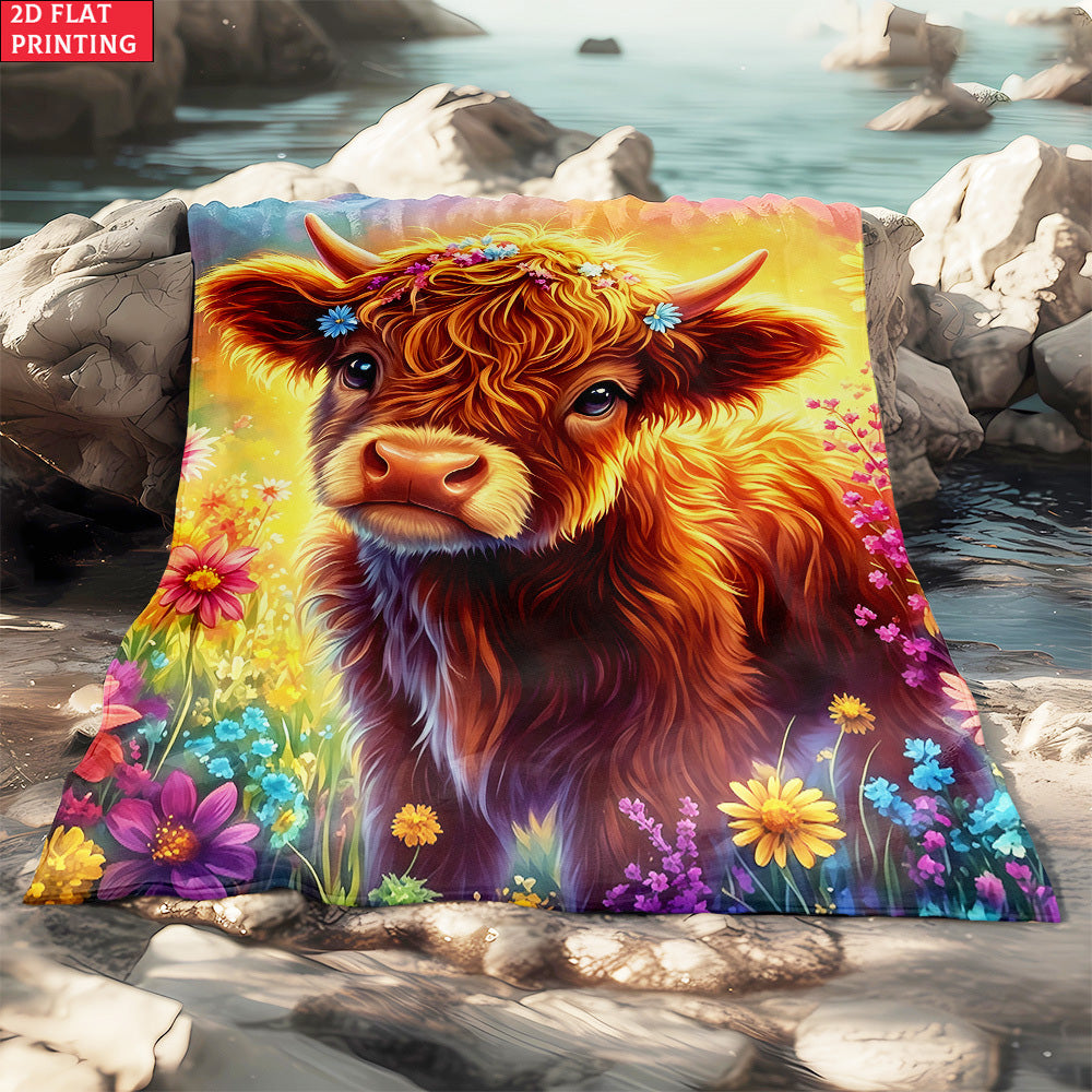 🐂【Highland Cow Series】Cute Bowknot Highland Cow Print Flannel Blanket Soft Warm Multi-purpose Gift Blanket For All Seasons