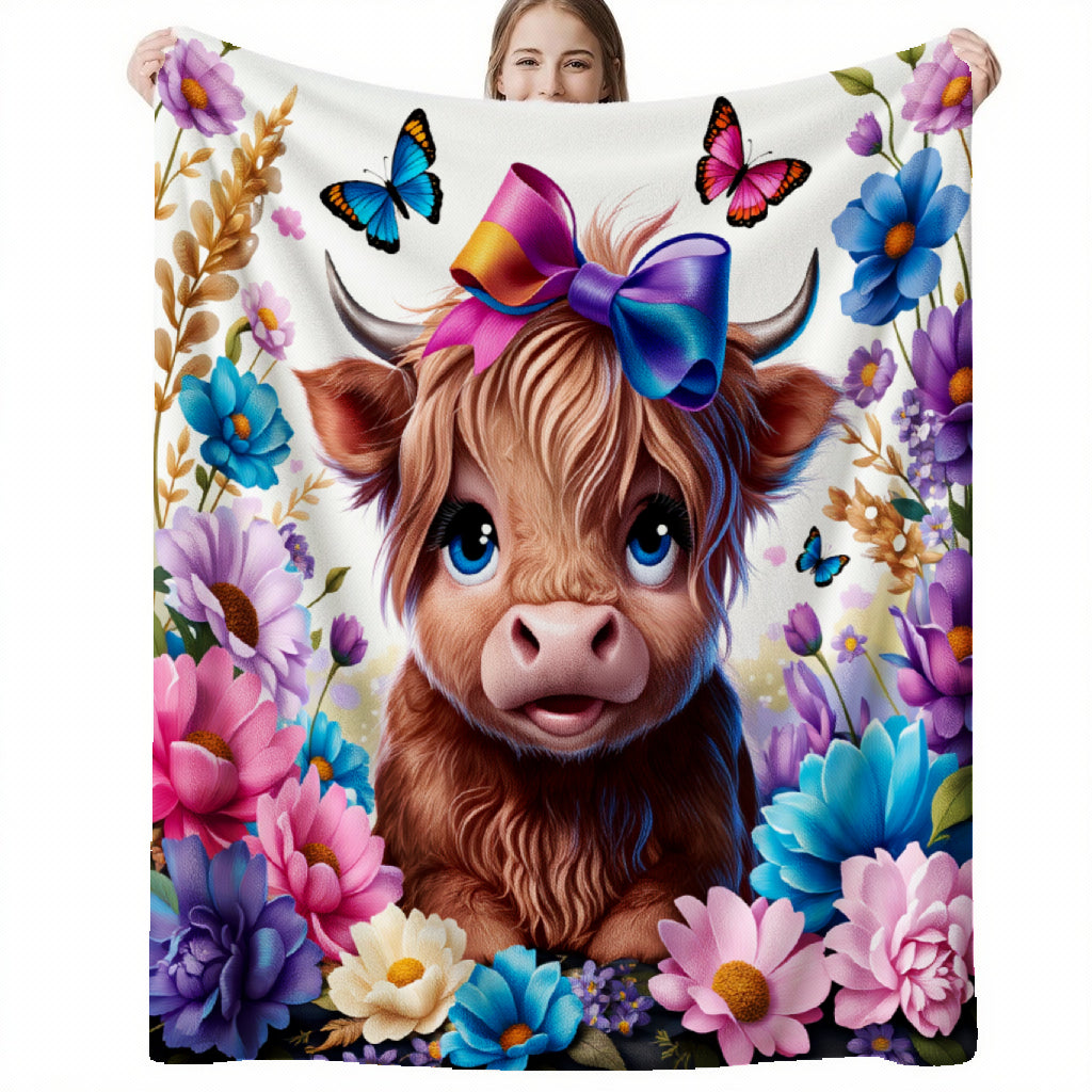 🐂【Highland Cow Series】Cute Bowknot Highland Cow Print Flannel Blanket Soft Warm Multi-purpose Gift Blanket For All Seasons