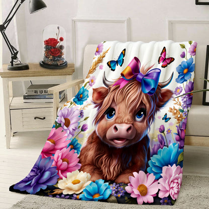 🐂【Highland Cow Series】Cute Bowknot Highland Cow Print Flannel Blanket Soft Warm Multi-purpose Gift Blanket For All Seasons