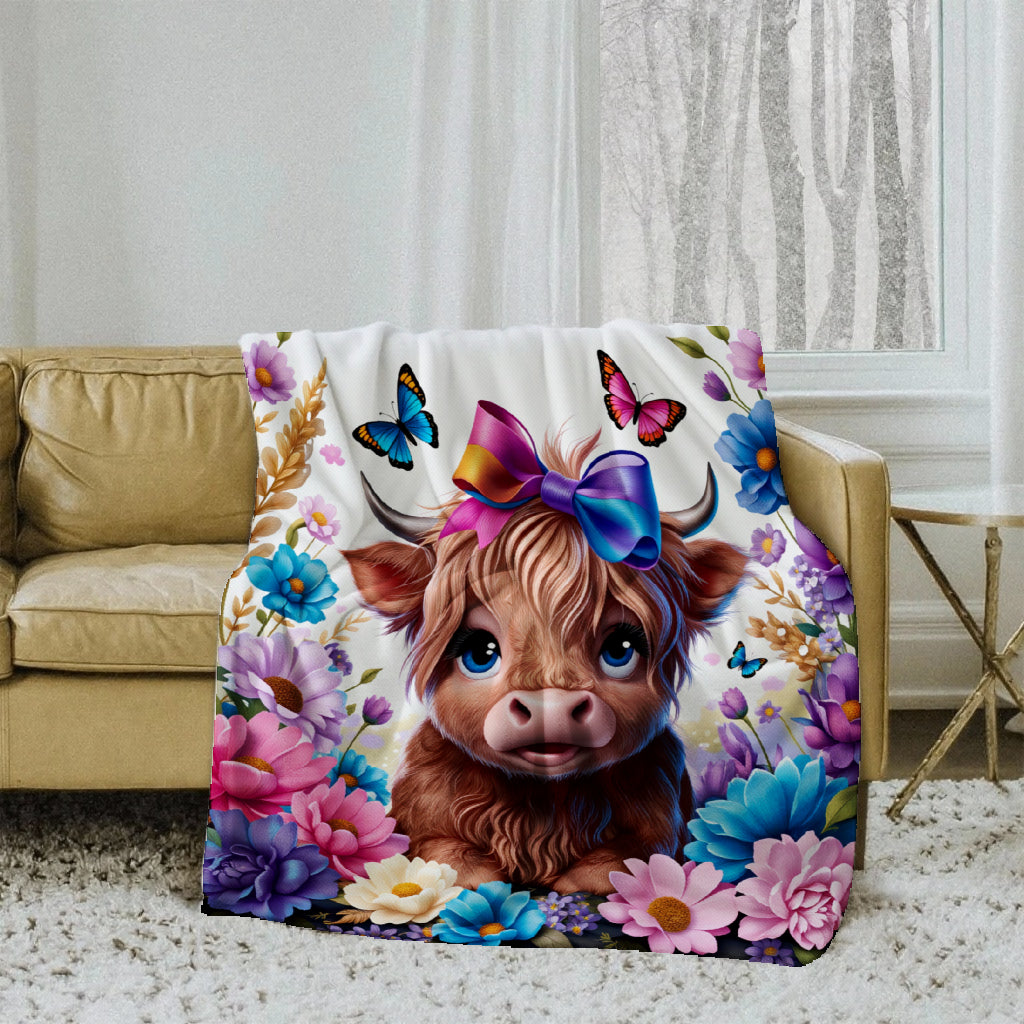 🐂【Highland Cow Series】Cute Bowknot Highland Cow Print Flannel Blanket Soft Warm Multi-purpose Gift Blanket For All Seasons