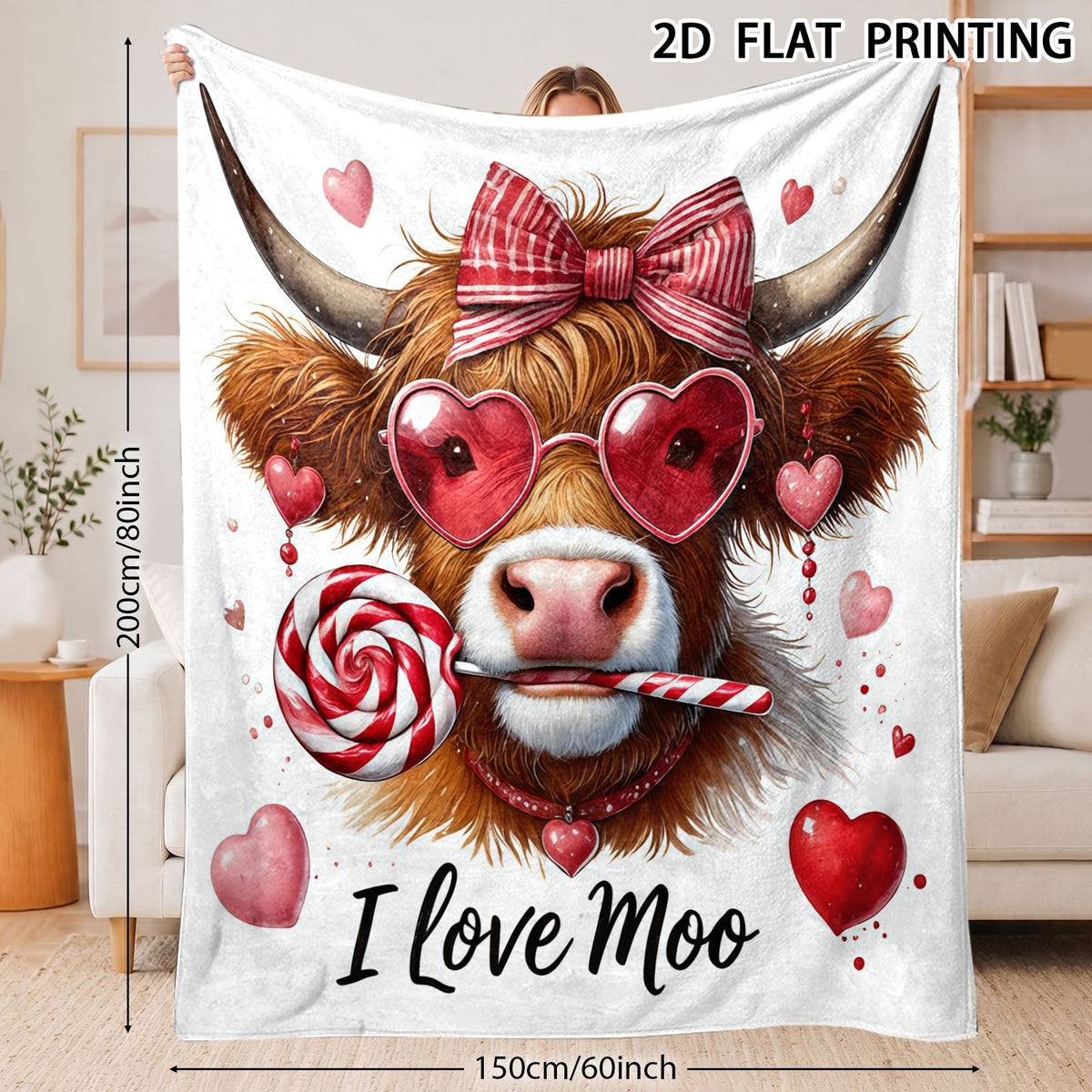 🐂【Highland Cow Series】Cute Bowknot Highland Cow Print Flannel Blanket Soft Warm Multi-purpose Gift Blanket For All Seasons