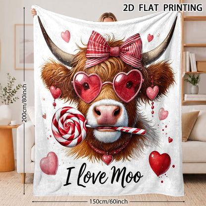 🐂【Highland Cow Series】Cute Bowknot Highland Cow Print Flannel Blanket Soft Warm Multi-purpose Gift Blanket For All Seasons