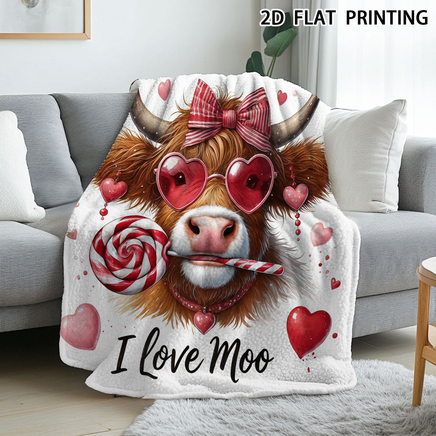 🐂【Highland Cow Series】Cute Bowknot Highland Cow Print Flannel Blanket Soft Warm Multi-purpose Gift Blanket For All Seasons