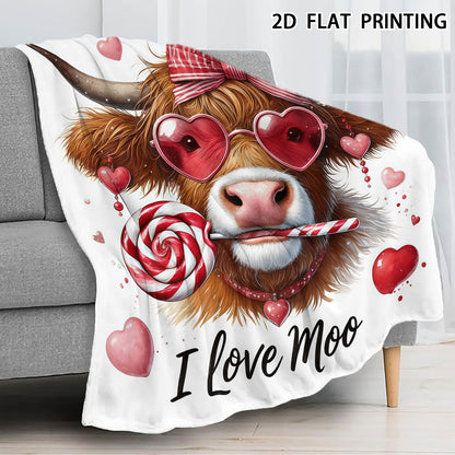 🐂【Highland Cow Series】Cute Bowknot Highland Cow Print Flannel Blanket Soft Warm Multi-purpose Gift Blanket For All Seasons