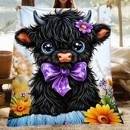 🐂【Highland Cow Series】Cute Bowknot Highland Cow Print Flannel Blanket Soft Warm Multi-purpose Gift Blanket For All Seasons