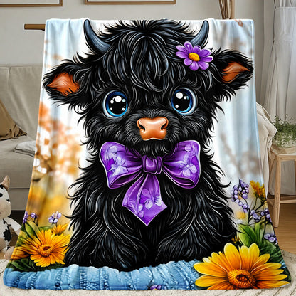 🐂【Highland Cow Series】Cute Bowknot Highland Cow Print Flannel Blanket Soft Warm Multi-purpose Gift Blanket For All Seasons