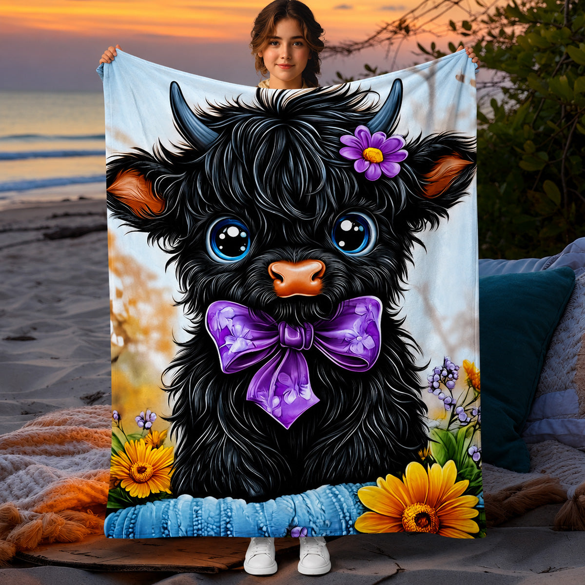 🐂【Highland Cow Series】Cute Bowknot Highland Cow Print Flannel Blanket Soft Warm Multi-purpose Gift Blanket For All Seasons