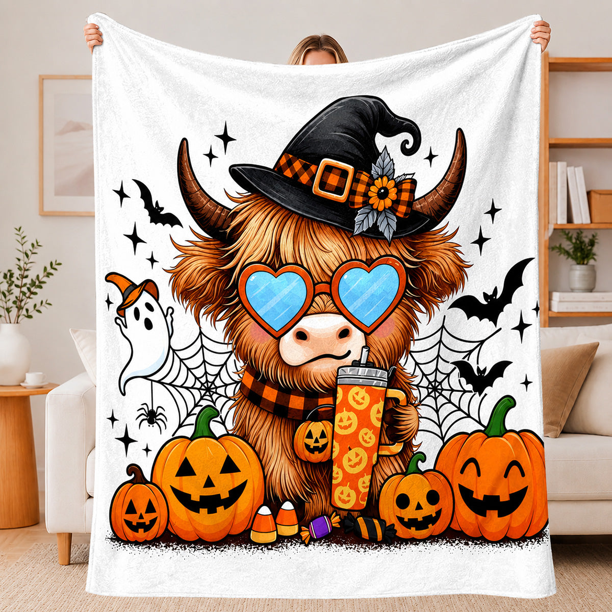 🐂【Highland Cow Series】Cute Bowknot Highland Cow Print Flannel Blanket Soft Warm Multi-purpose Gift Blanket For All Seasons