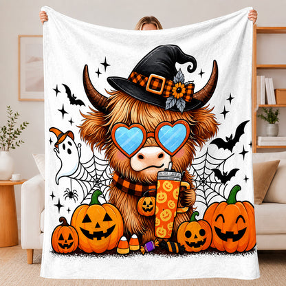 🐂【Highland Cow Series】Cute Bowknot Highland Cow Print Flannel Blanket Soft Warm Multi-purpose Gift Blanket For All Seasons