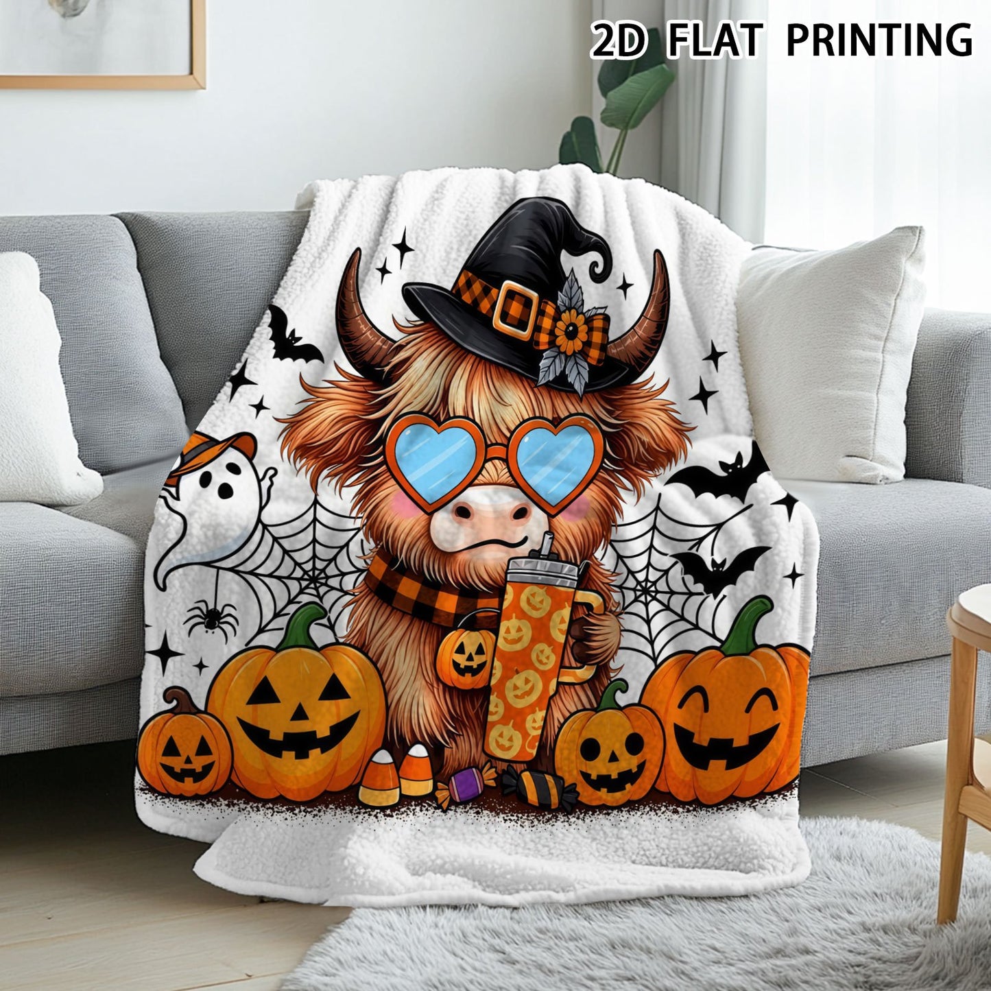🐂【Highland Cow Series】Cute Bowknot Highland Cow Print Flannel Blanket Soft Warm Multi-purpose Gift Blanket For All Seasons