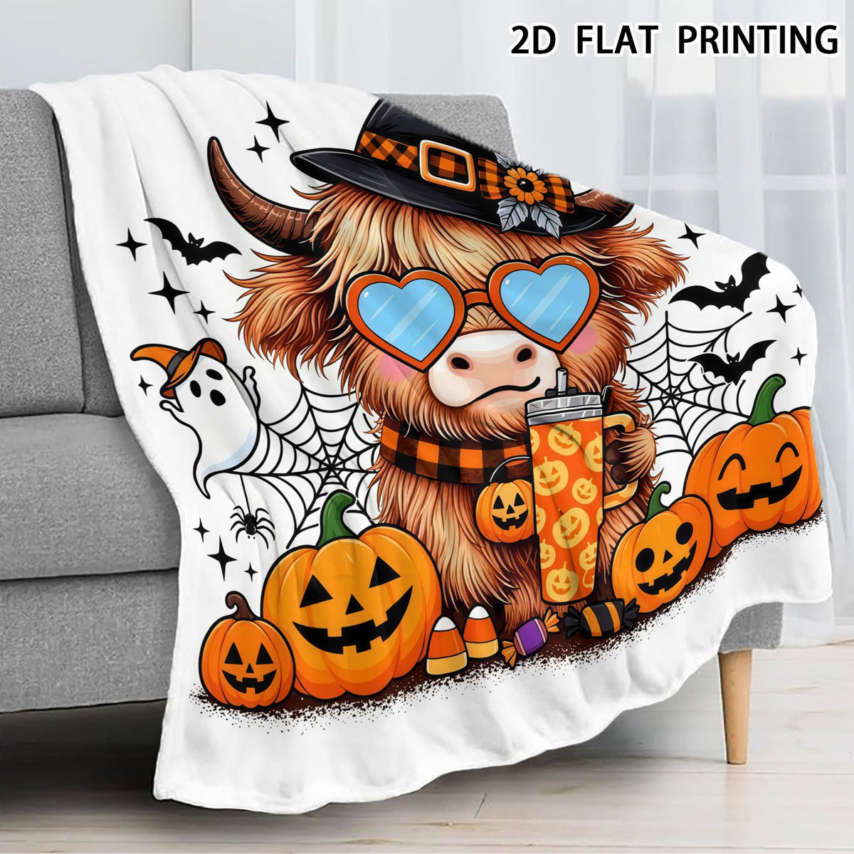🐂【Highland Cow Series】Cute Bowknot Highland Cow Print Flannel Blanket Soft Warm Multi-purpose Gift Blanket For All Seasons