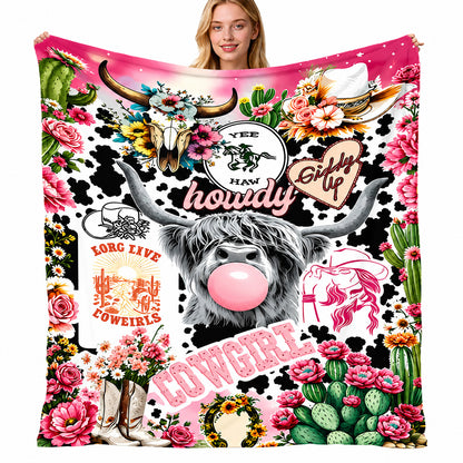 🐂【Highland Cow Series】Cute Bowknot Highland Cow Print Flannel Blanket Soft Warm Multi-purpose Gift Blanket For All Seasons
