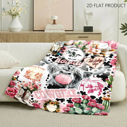 🐂【Highland Cow Series】Cute Bowknot Highland Cow Print Flannel Blanket Soft Warm Multi-purpose Gift Blanket For All Seasons