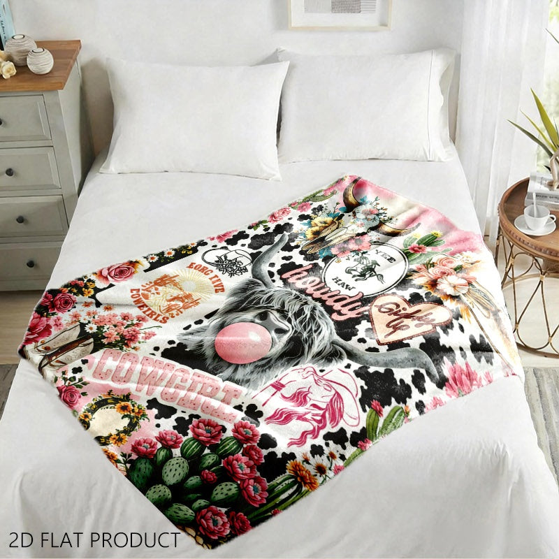 🐂【Highland Cow Series】Cute Bowknot Highland Cow Print Flannel Blanket Soft Warm Multi-purpose Gift Blanket For All Seasons