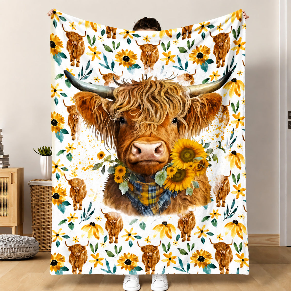 🐂【Highland Cow Series】Cute Bowknot Highland Cow Print Flannel Blanket Soft Warm Multi-purpose Gift Blanket For All Seasons
