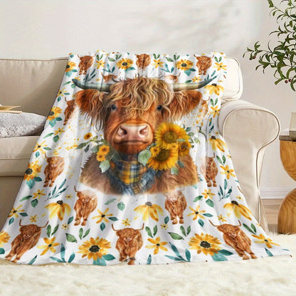 🐂【Highland Cow Series】Cute Bowknot Highland Cow Print Flannel Blanket Soft Warm Multi-purpose Gift Blanket For All Seasons