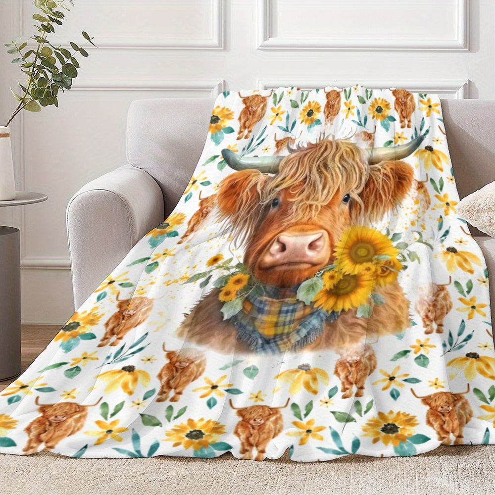🐂【Highland Cow Series】Cute Bowknot Highland Cow Print Flannel Blanket Soft Warm Multi-purpose Gift Blanket For All Seasons