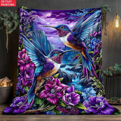 Aonana Hummingbird with Neon Flowers Flannel Throw Blanket