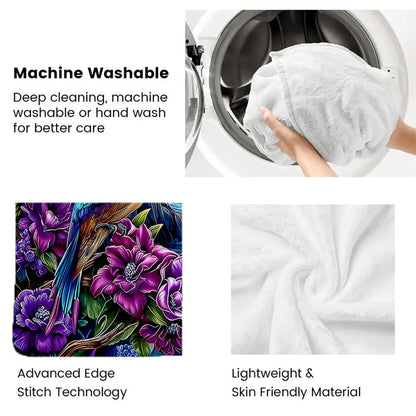 Aonana Hummingbird with Neon Flowers Flannel Throw Blanket