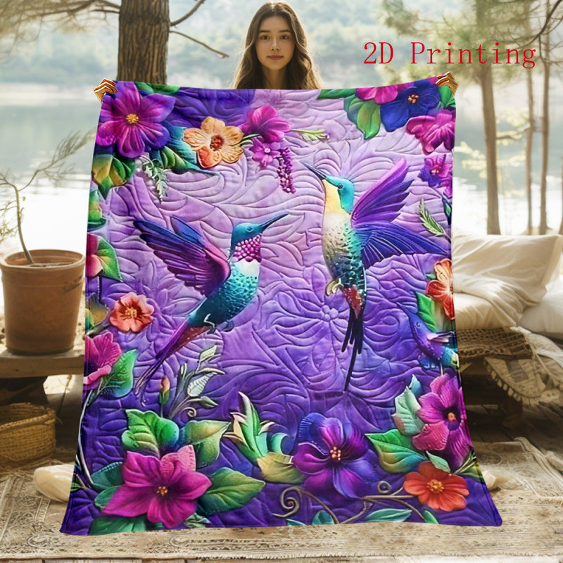 Aonana Hummingbird with Neon Flowers Flannel Throw Blanket