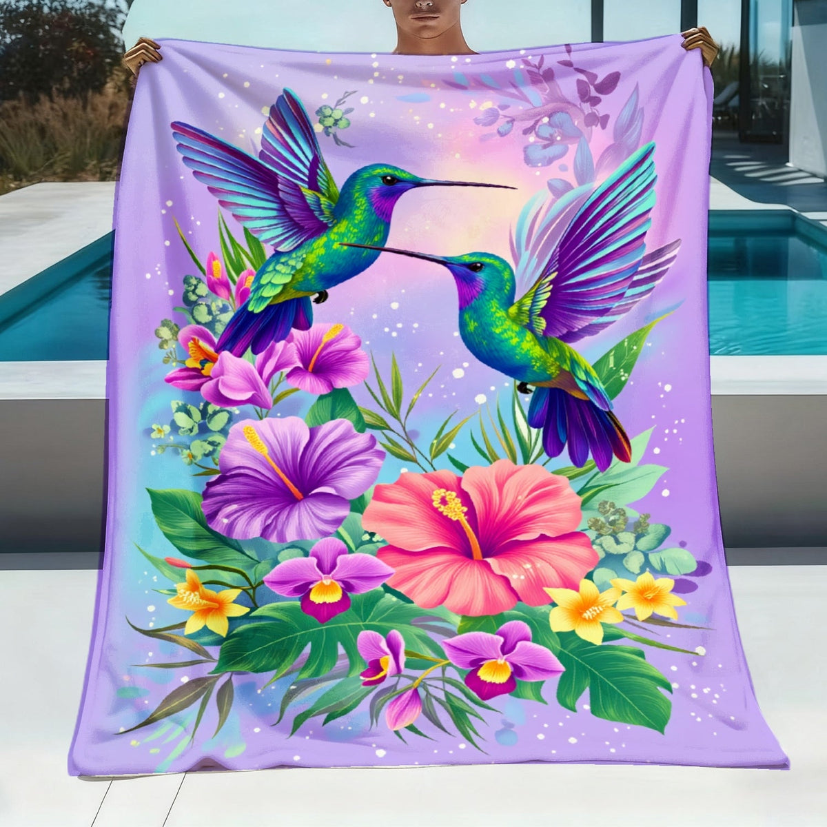 Aonana Hummingbird with Neon Flowers Flannel Throw Blanket