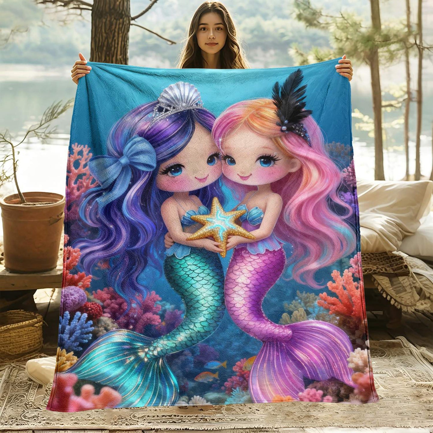 Giftoluck Mermaid Unicorn Cozy Flannel Throw Blanket