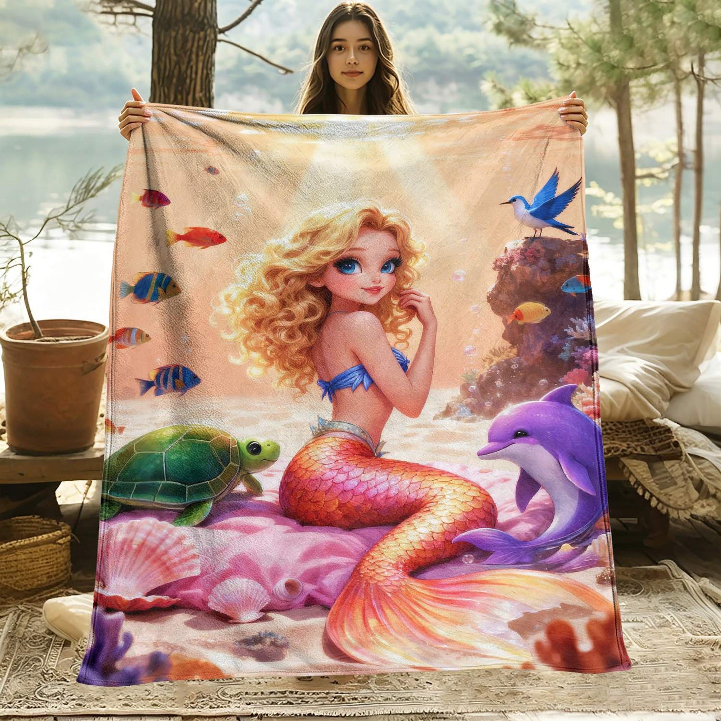Giftoluck Mermaid Unicorn Cozy Flannel Throw Blanket