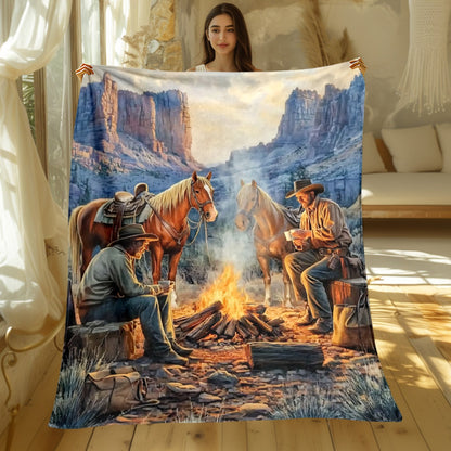 GiftoLuck Western Cowboy & Horse Camping Flannel Blanket