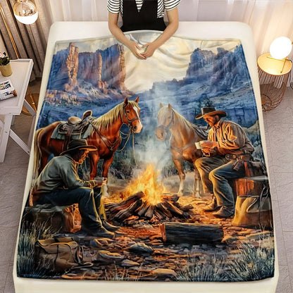 GiftoLuck Western Cowboy & Horse Camping Flannel Blanket