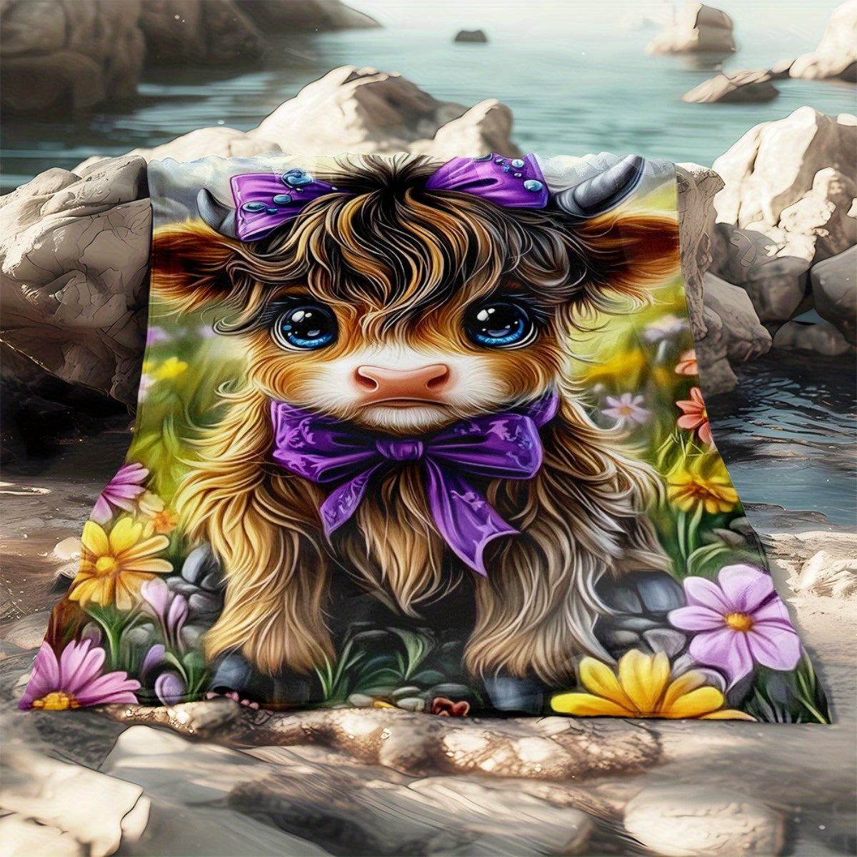 🐂【Highland Cow Series】Cute Bowknot Highland Cow Print Flannel Blanket Soft Warm Multi-purpose Gift Blanket For All Seasons